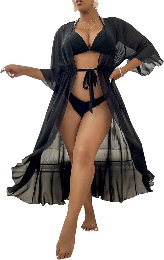 MakeMeChic Women's Plus Size Kimono Cover Up Bell Sleeve Tie Front Sheer Beach Swimsuit Cover Up ... | Amazon (US)