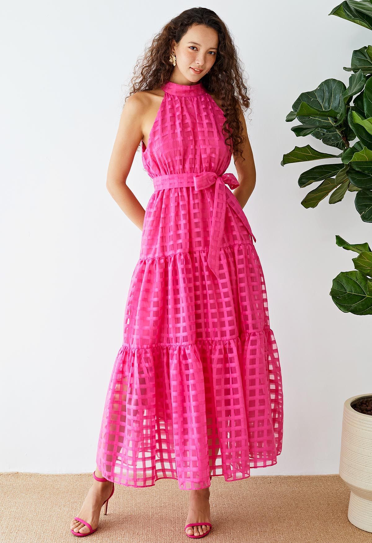 Check Halter Neck Tie Waist Maxi Dress in Hot Pink | Chicwish