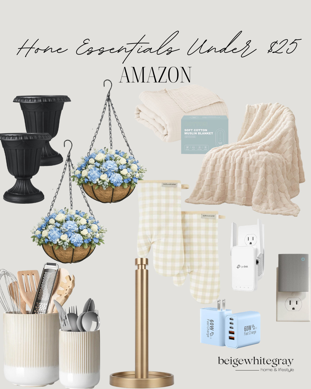 Amazon Home Essentials Under $25
home essentials under $25, Amazon budget finds, affordable home essentials, hanging flower baskets, outdoor planters, black urn planters, blue hydrangea hanging basket, muslin blanket, cozy throw blanket, kitchen utensil holder, gold paper towel holder, oven mitt set, WiFi extender, smart home essentials, USB-C fast charger, outlet extender, kitchen organization, budget friendly home decor, Amazon must haves, practical home finds

#LTKHome #LTKSaleAlert