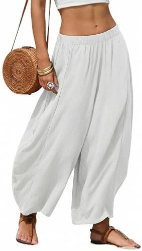 EXLURA Womens Faux Linen Wide Leg Boho Flowy Pants Summer Palazzo Casual Elastic Waist Baggy Trou... | Amazon (US)
