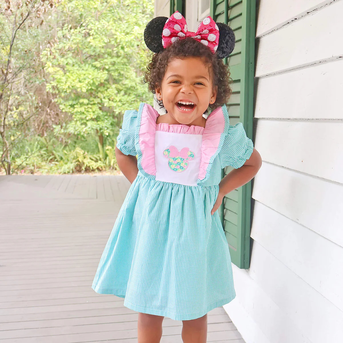 Mouse Ears Floral Embroidered Turquoise Gingham Ruffle Dress | Classic Whimsy