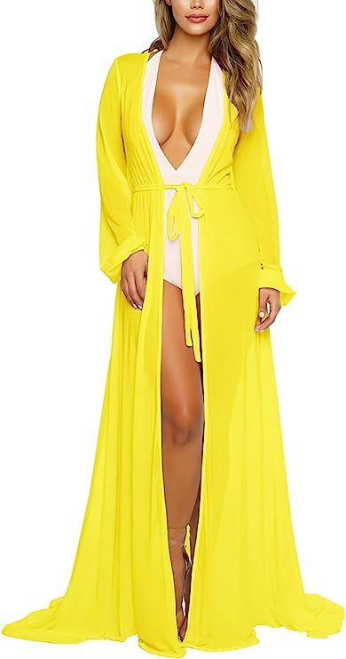 Pink Queen Women's Long Sleeve Flowy Maxi Bathing Suit Swimsuit Tie Front Robe Cover Up | Amazon (US)
