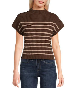 Striped Mock Neck Dolman Short Sleeve Sweater | Dillard's