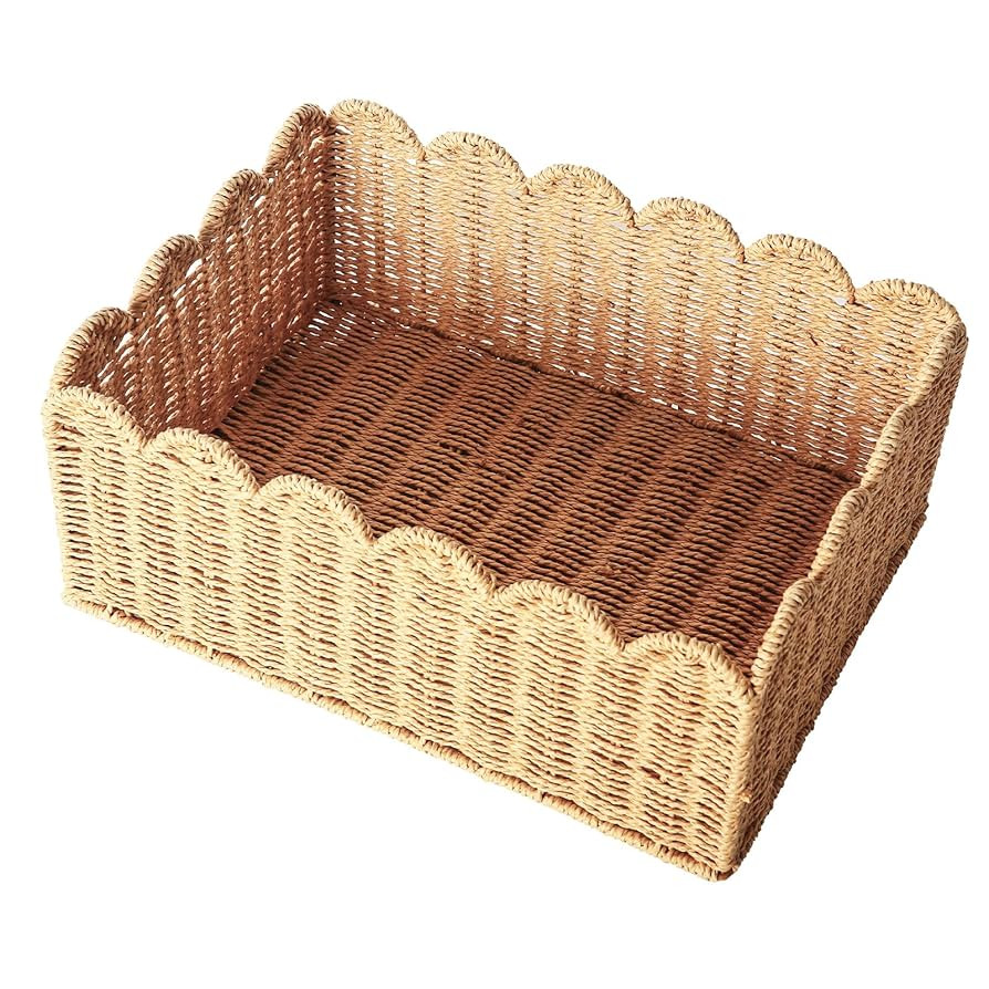 Scalloped Edge Basket, Wicker Storage Baskets, Hand Woven Baskets for Shelves,Natural Baskets for... | Amazon (US)