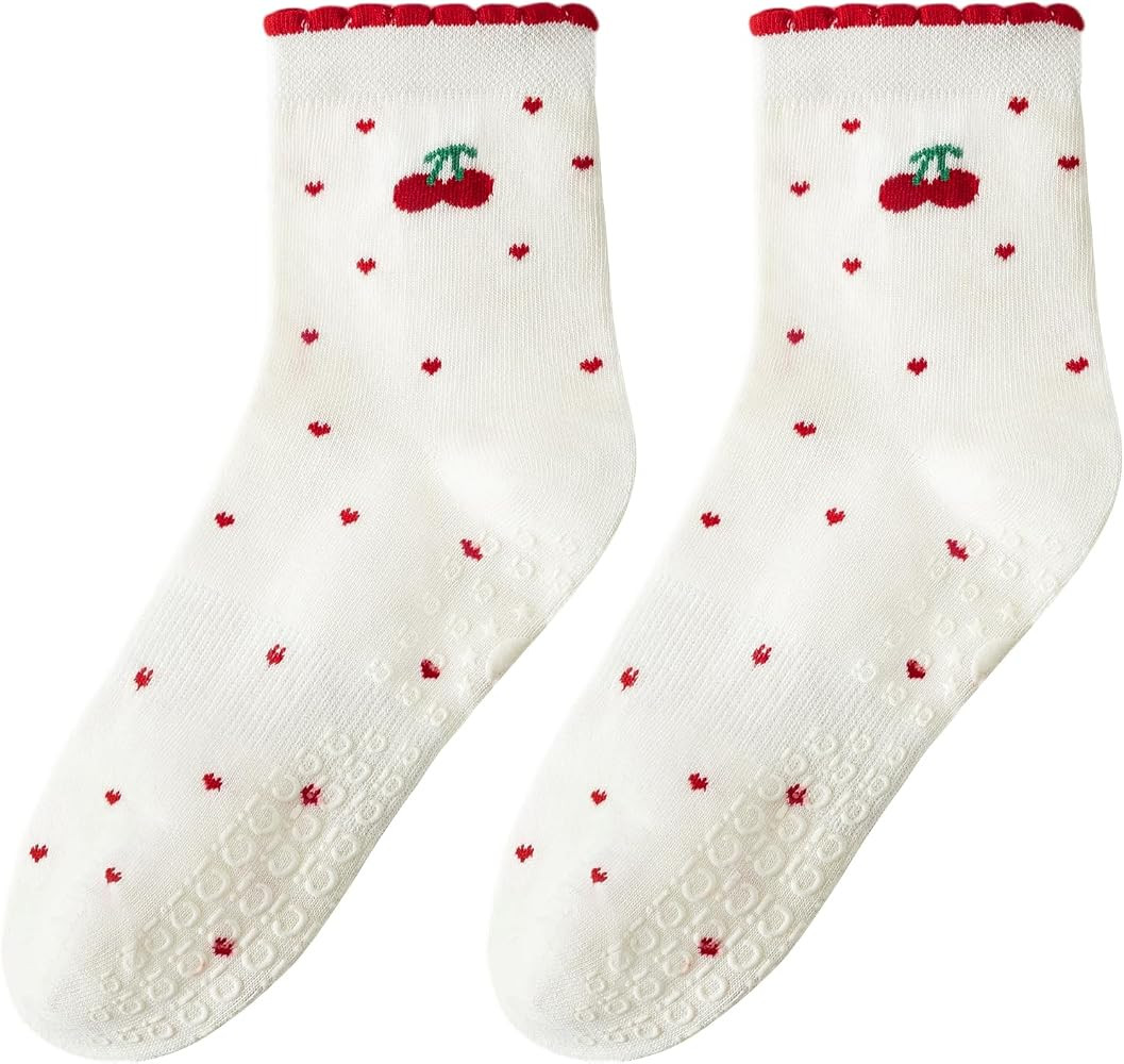 Yawlsow Cute Pilates Grip Socks for Women Ruffle Frilly Yoga Socks Non Slip Cotton Crew Grippy So... | Amazon (US)