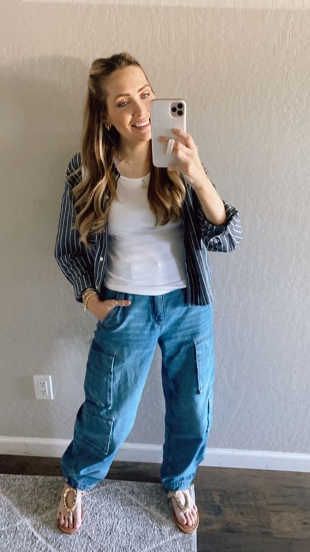 Today casual #ootd
My favorite cargo jeans as of late! They’re comfy, cute & a heavier weight so great for cooler temps! Paired w/ a cute tank, cropped button up & some fun sandals that are under $20

#LTKSaleAlert #LTKFindsUnder100 #LTKOver40