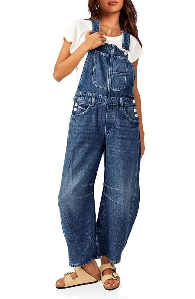 PLNOTME Womens Denim Bib Overalls Barrel Leg Adjustable Strap Jean Pants Jumpsuits with Pockets | Amazon (US)