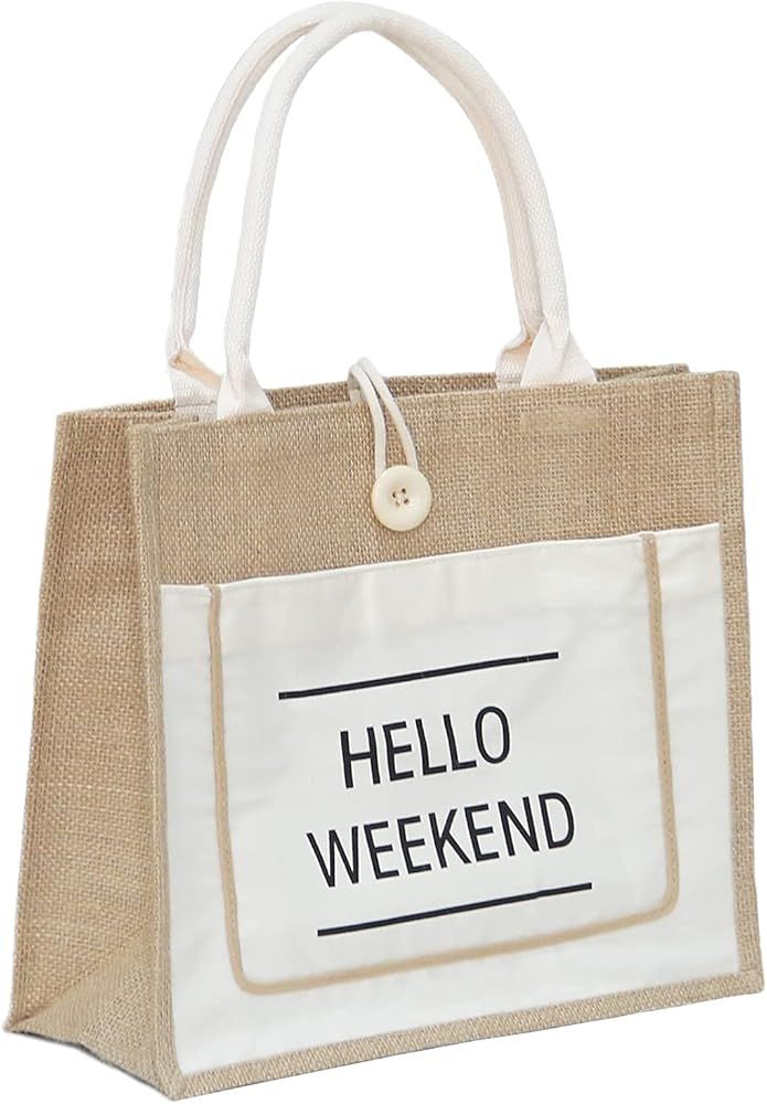 HELLO WEEKEND Printed Custom Jute Tote Bags with Canvas Front Pocket Reusable Natural Burlap Bags... | Amazon (US)