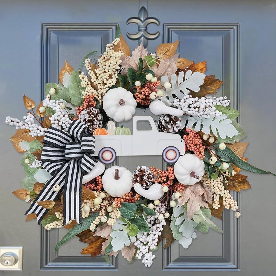 Fall Wreath for Front Door,20 inch Door Wreath with White Pumpkin, Truck Door Wreath,Autumn Harve... | Amazon (US)
