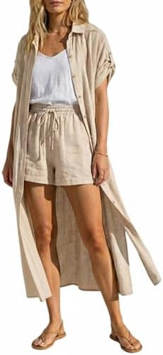 CHICME Two Piece Outfits Front Side Slit Mid length Shirt and Drawstring Elastic Waist Shorts Set... | Amazon (US)