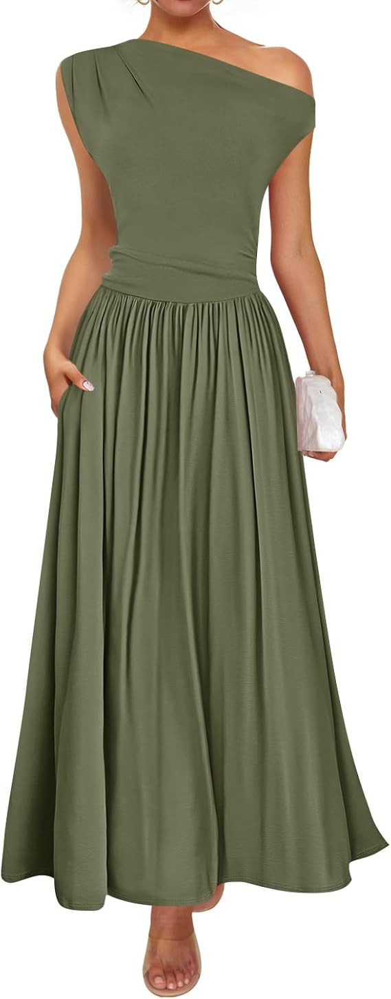 ZESICA Women's Summer 2025 Sleeveless Maxi Dress One Shoulder Casual Slim Swing Pleated Dresses w... | Amazon (US)