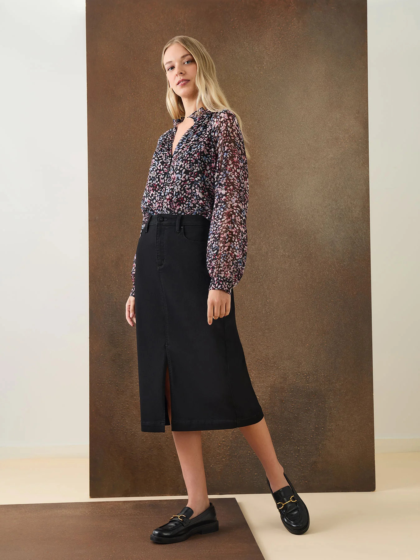 Midi Denim Front Slit Skirt, Onyx Wash | Jones New York