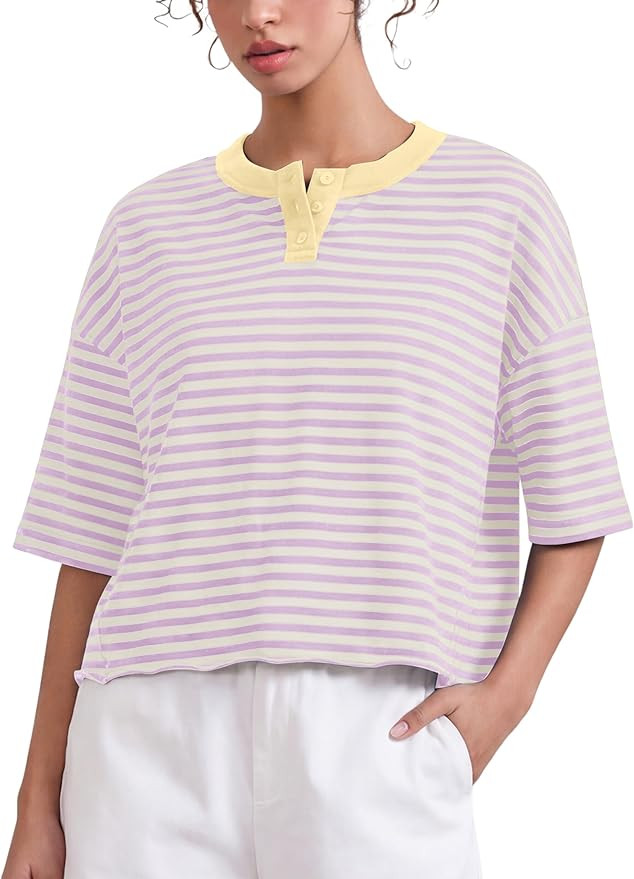 Meladyan Women's Stripes Henley T Shirts Cropped Boxy Tees Oversized Crewneck Short Sleeve T-Shir... | Amazon (US)