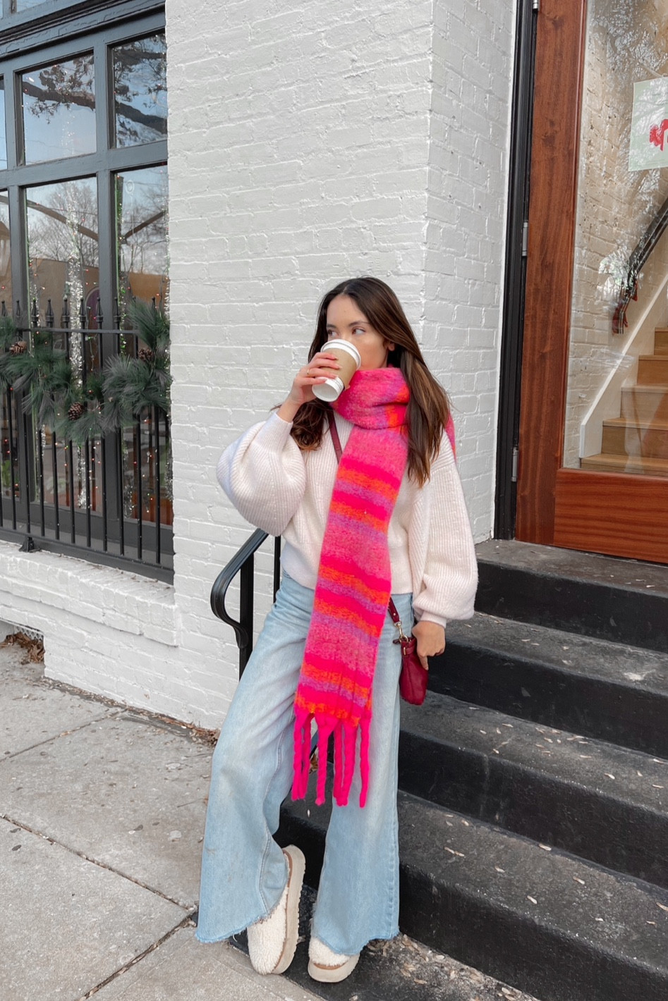 sweater size: s
pants size: waist 25

height: 5’3 