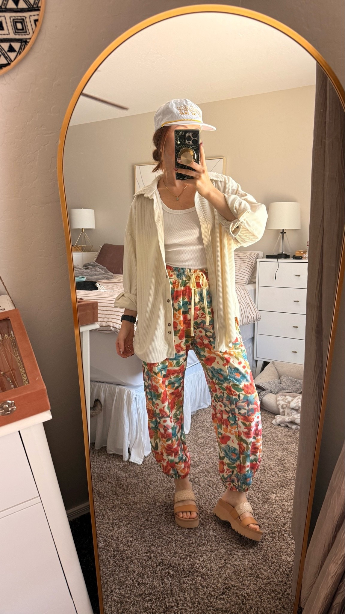 White tank old from @Target.
Beige corduroy shacket sized up 2 to a large for an oversized fit. 
Floral pants size medium- different fabric than the other leopard print pattern I have from them- softer, thinner, comfier.
Sandals from Reef are tts and water friendly - from beach to street is what they advertise.
Jewelry from Amazon as always.
Hat is thrifted ✌🏻

#LTKootd #LTKmomlife #LTKPetite