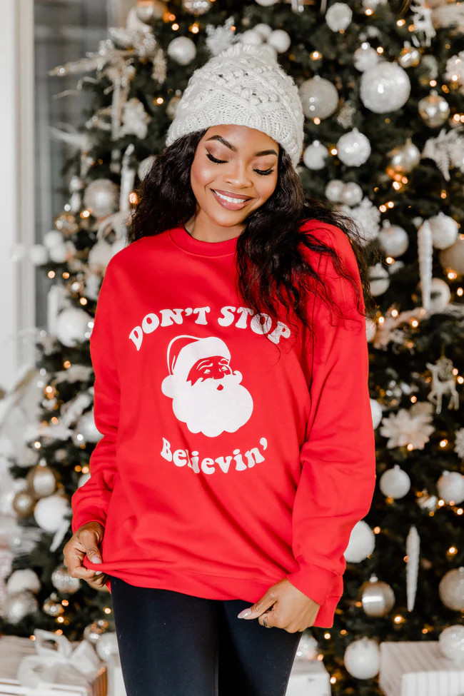 Don’t Stop Believin Red Oversized Graphic Sweatshirt | Pink Lily