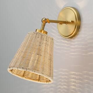 Adella 1-Light Brass Boho Natural Rattan Hardwired Wall Sconce with Adjustable Swivel Swing Arm | The Home Depot