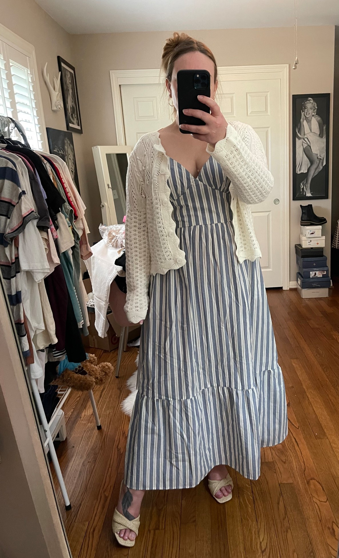 Spring style, spring dress, striped dress, knit cardigan, ivory cardigan, Target style, target dress, target outfit, Bump friendly dress, wedding guest dress, maxi dress, blue and white dresss, A line dress, cream cardigan, knit sweater 

#LTKBump #LTKootd #LTKMidsize