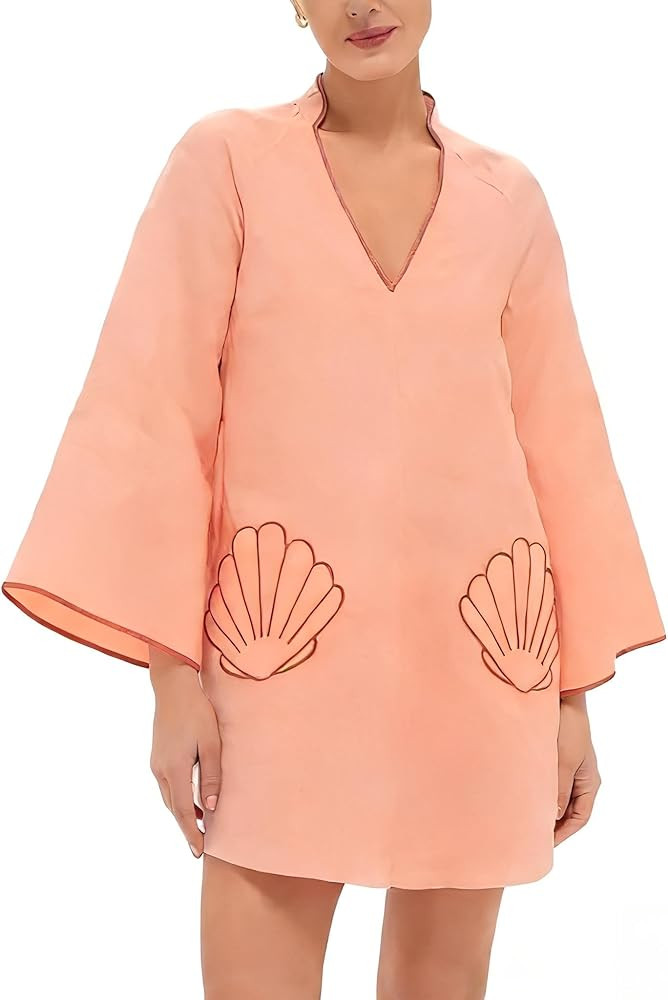 VAOYIU Summer Dresses for Women Loose Fit V-Neck Shell Embroidery Mini Dress Boho 3/4 Casual Slee... | Amazon (US)