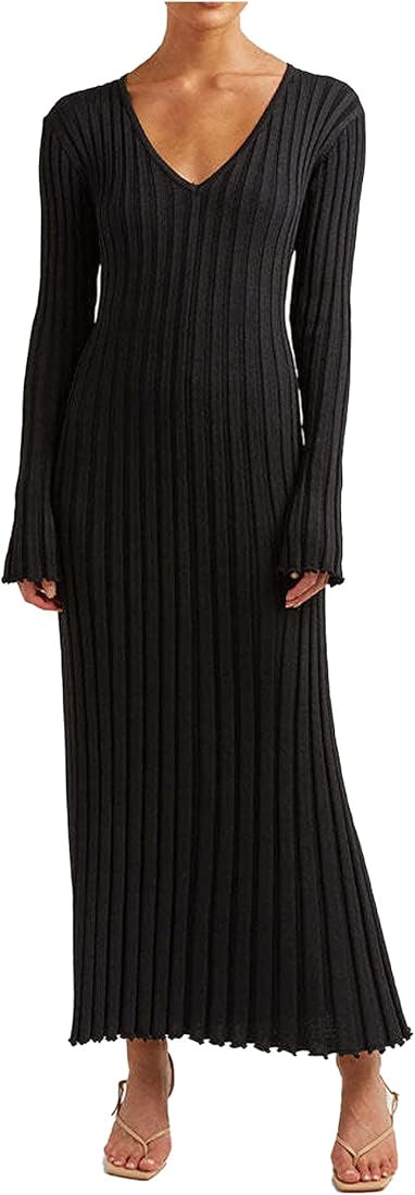 ECDAHICC Women's Sexy Ribbed Knit Sweater Dress Casual Long Sleeve V Neck Bodycon Pleated A Line ... | Amazon (US)