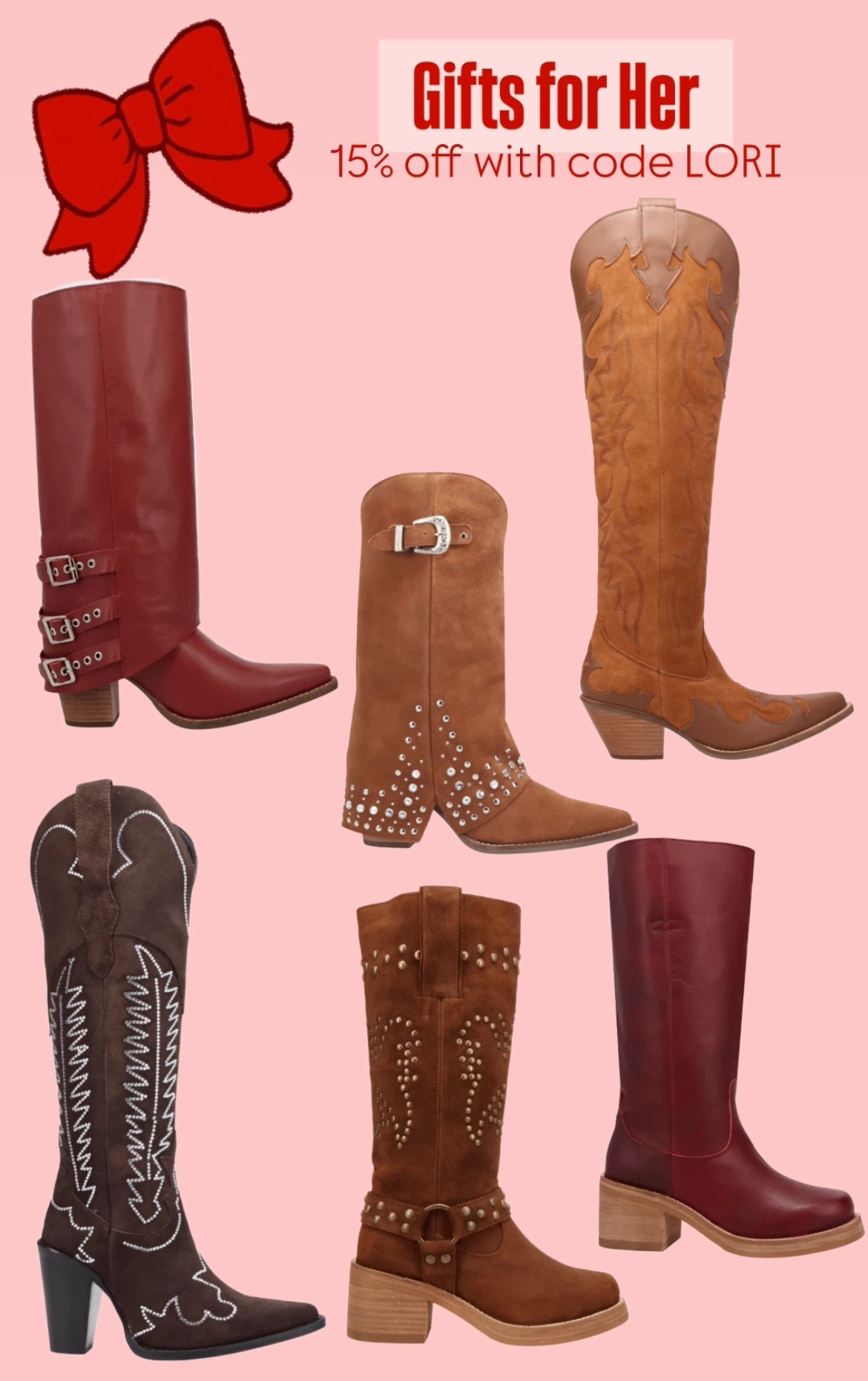 15% off all boots with code LORI

Holiday/Christmas gifts for her; western boots

#LTKSeasonal #LTKShoeCrush #LTKGiftGuide