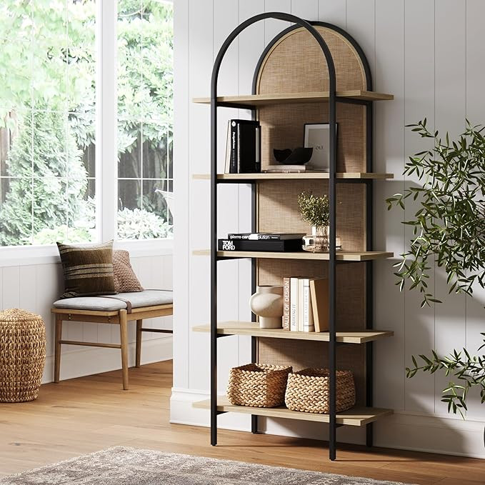 Nathan James Amara Bohemian 5-Shelf Etagere Bookcase, Rattan Open Bookshelf with Arch Top, Light ... | Amazon (US)