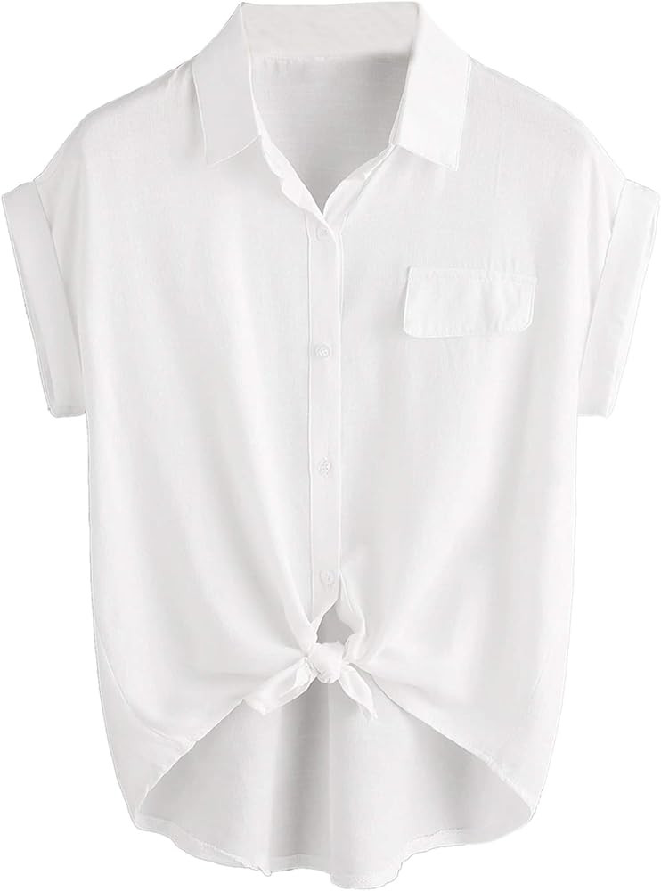 Milumia Women Casual V Neck Collar Knot Hem Button Down Rolled Cuff Short Sleeve Work Blouses Shi... | Amazon (US)