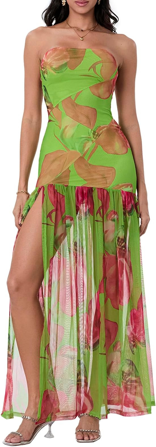 Women Mesh Strapless Midi Dress Floral Print Sleeveless Backless Off Shoulder Split Thigh Tube Bo... | Amazon (US)