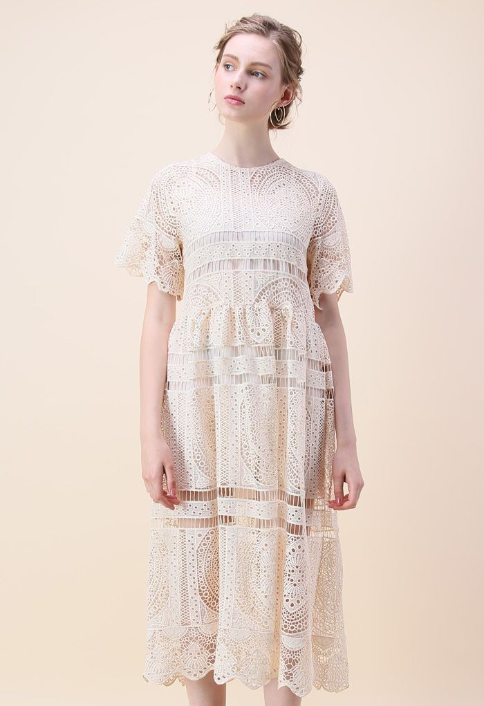 With Your Ingenuity Crochet Dress in Beige | Chicwish