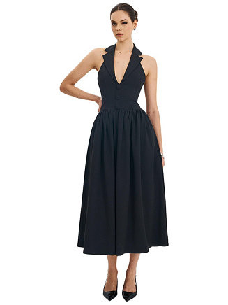 Women's Delaney Black Lapel Halter Midi A-Line Dress | Macy's