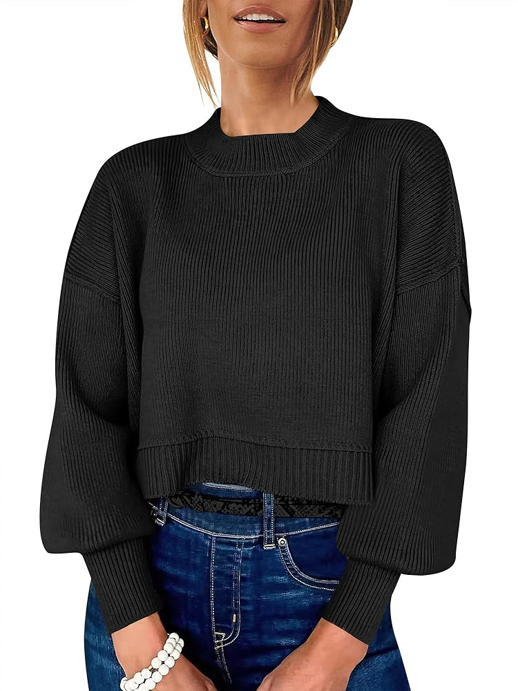 ANRABESS Womens Oversized Crewneck Cropped Sweaters Long Batwing Sleeve Side Slit Ribbed Knit Pul... | Amazon (US)