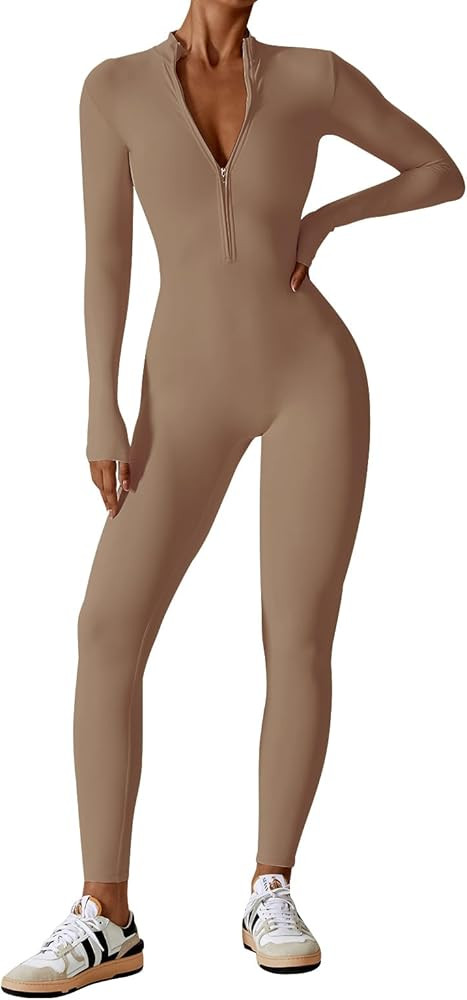 ECUPPER Women Long Sleeve Bodycon Jumpsuits Workout Zip Up Unitard One Piece Full Bodysuits Sexy ... | Amazon (US)
