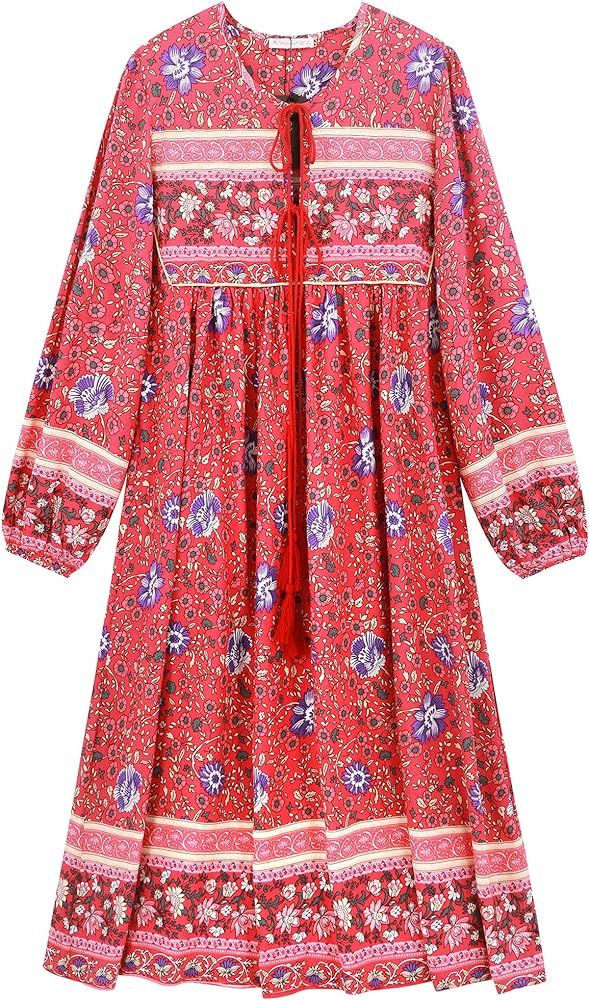 R.Vivimos Women's Long Sleeve Floral Print Retro V Neck Tassel Bohemian Midi Dresses | Amazon (US)