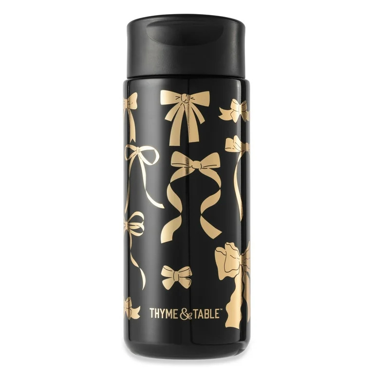 Thyme & Table 22 fl oz Stainless Steel Coffee Tumbler, Black & Gold Bows | Walmart (US)