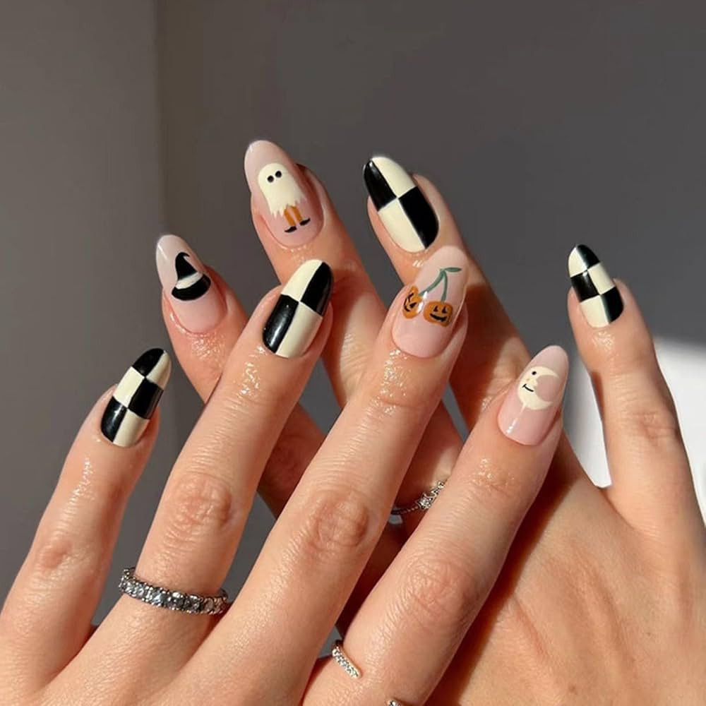 Cute Oval Press on Nails Halloween Almond Chessboard Fake Nails Funny Cute Ghost Cherry Pumpkin H... | Amazon (US)