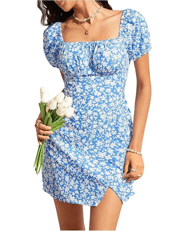 Floerns Women's Floral Print Mini Dress Square Neck Short Sleeve Summer Dress | Amazon (US)