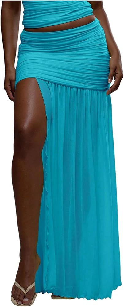 Milumia Women's Sexy Ruched Bodycon Maxi Skirt Low Rise High Slit Summer Beach Skirts | Amazon (US)