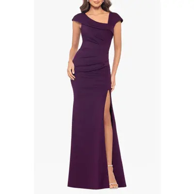 Xscape Evenings Asymmetric Neck Scuba Trumpet Gown in Plum at Nordstrom, Size 10 | Nordstrom