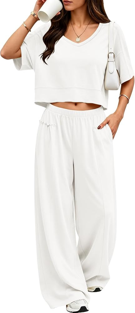 ReachMe Women's 2 Piece Matching Sets Short Sleeve V Neck Crop Top Wide Leg Lounge Pants Summer T... | Amazon (US)