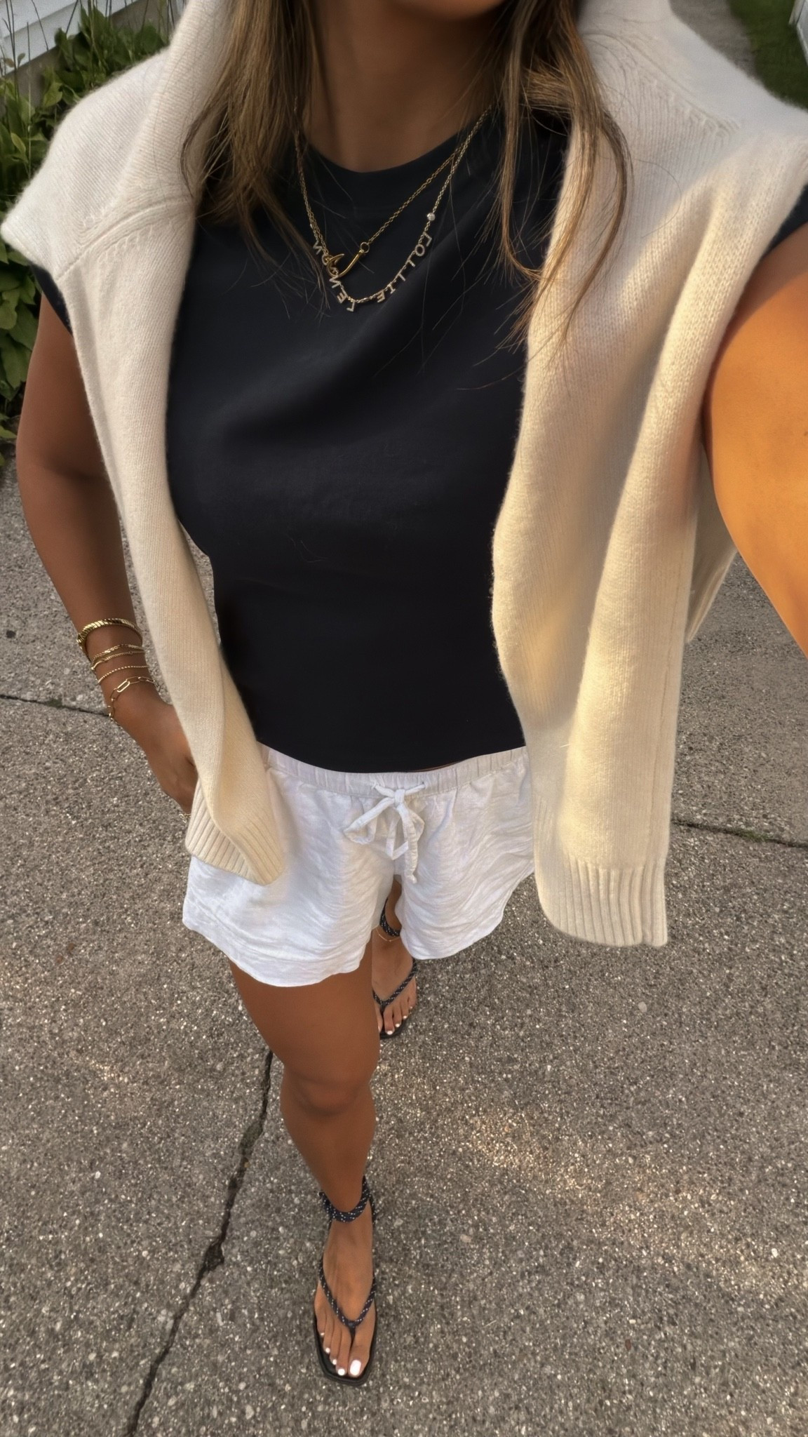 Easy summer-to-fall outfit 🤍 linen shorts + a simple fitted tee (favorite ones that are 100% cotton) with a cozy sweater layered over the shoulders. easy, comfortable + put together! 
Sizing:
Tee: M *trick is to size up in this
Sweater: S
Shorts: XS