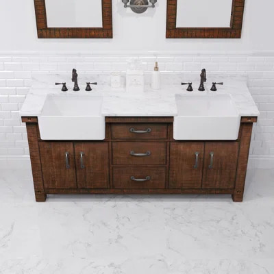 Paisley 72 In. Double Sink Carrara White Marble Countertop Vanity In Rustic Sienna With Mirror | Wayfair North America