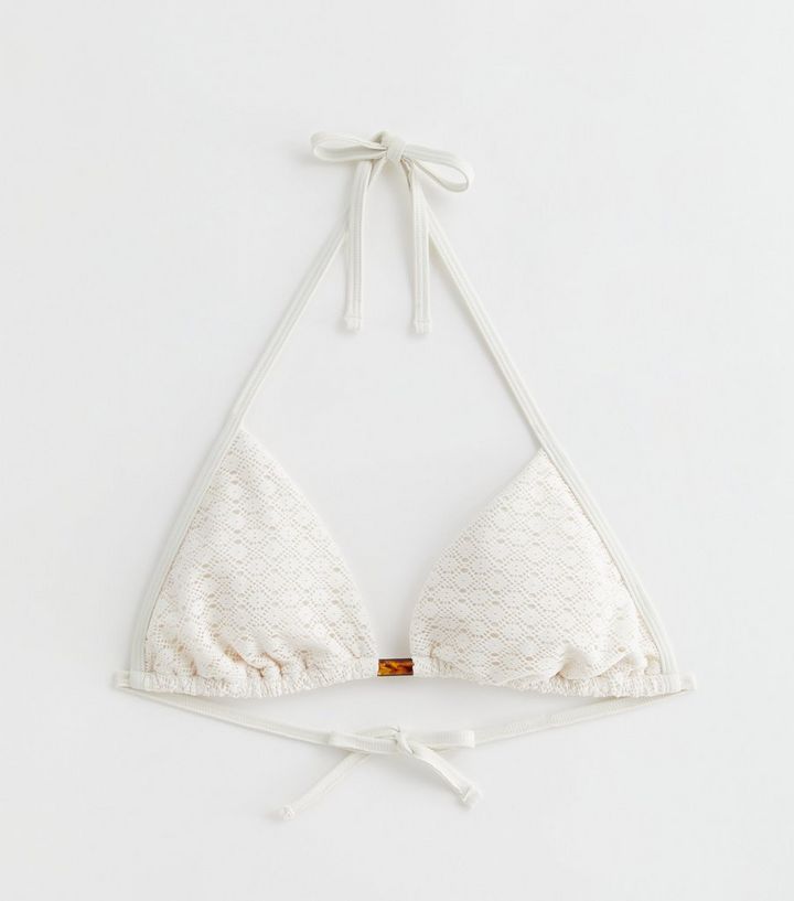 Cream Crochet Halterneck Triangle Bikini Top  | New Look | New Look (UK)