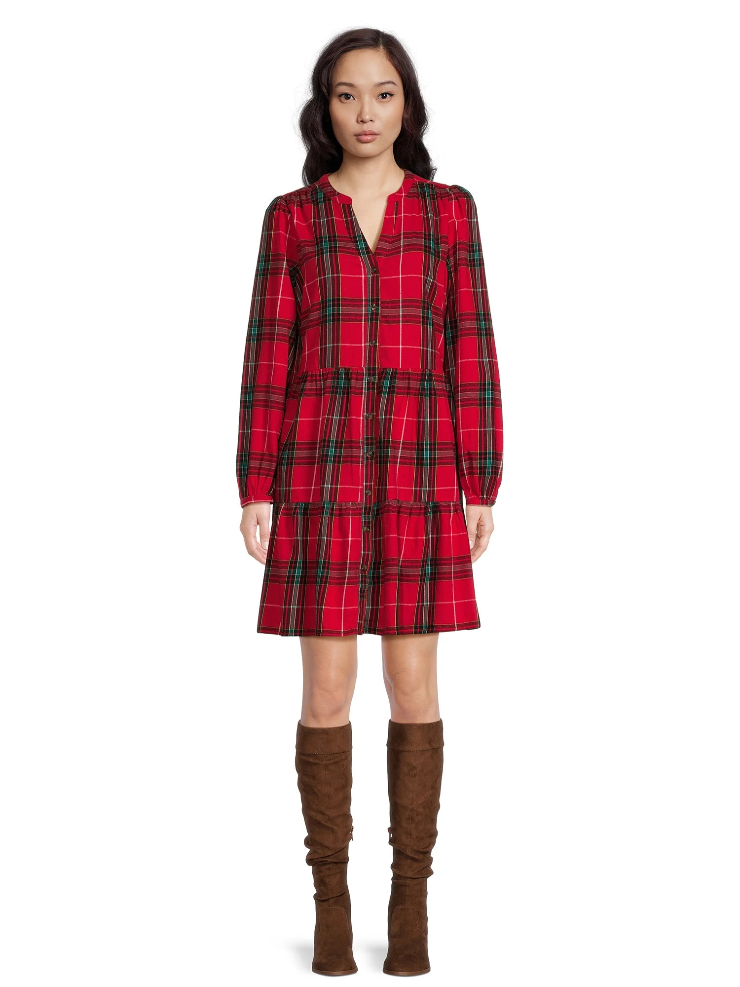 Time and Tru Women's Tiered Plaid Shirtdress with Puff Sleeves, Sizes XS-XXXL | Walmart (US)
