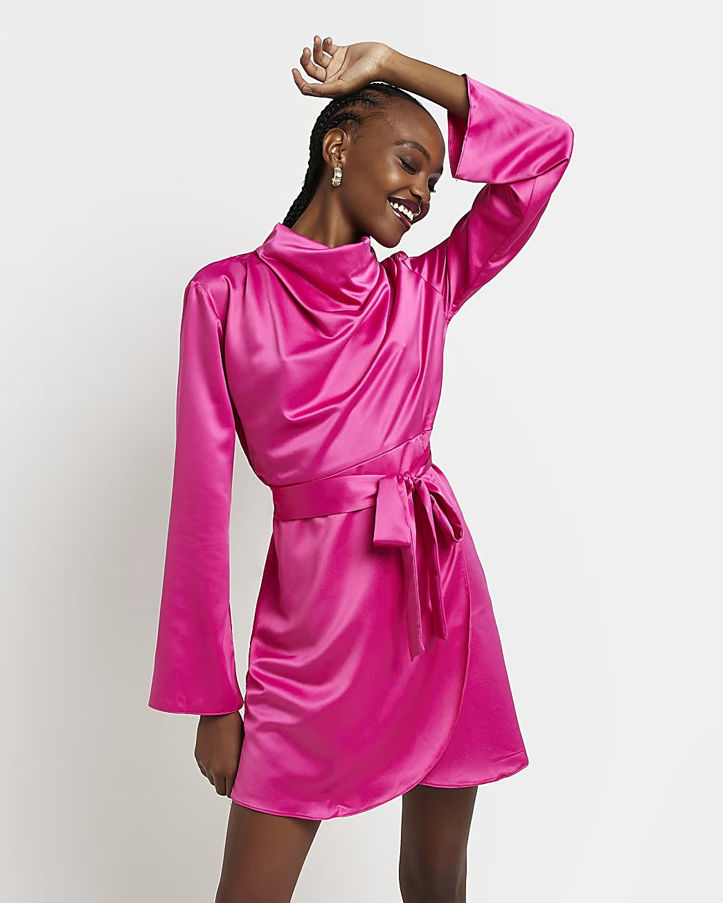 Pink satin high neck mini dress | River Island (US)