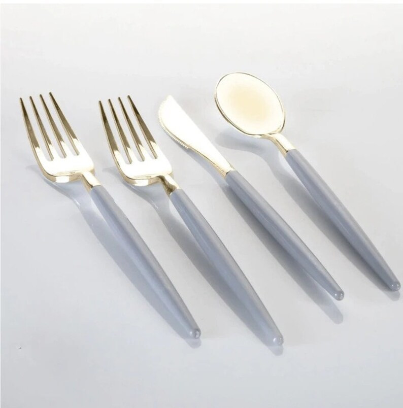 Grey  Gold Plastic Cutlery Set  32 Pieces Wedding Cutlery - Etsy | Etsy (US)