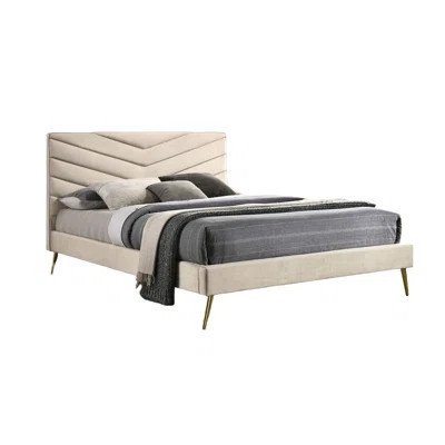 Beige Mid-century Modern Bed With Headboard And Angled Gold Legs Bedroom Finish | Wayfair North America