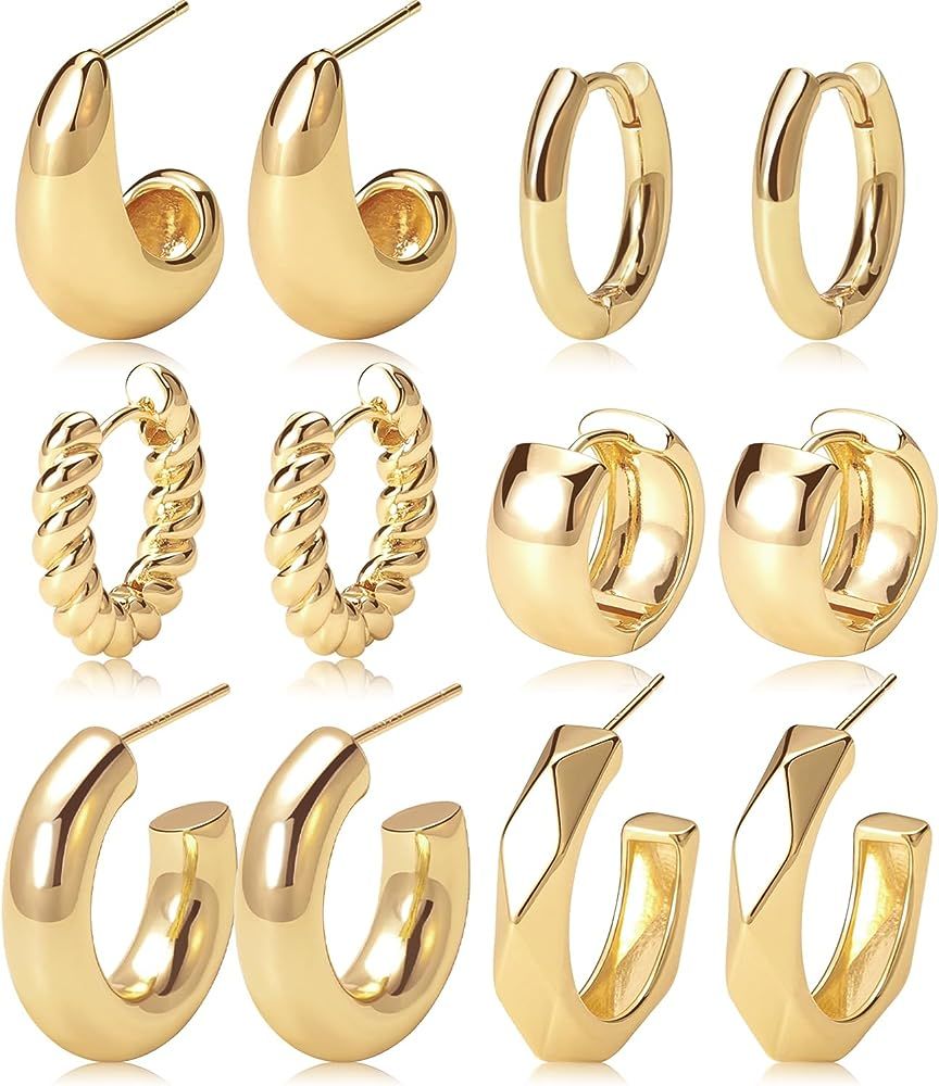 Gold Chunky Hoop Earrings Set 14k Gold Plated Huggie Earrings Hypoallergenic Twisted Thick Jewelr... | Amazon (US)