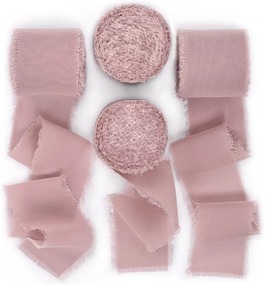 Socomi Dusty Rose Handmade Fringe Chiffon Silk Ribbon 1-3/4" x 7Yd 4 Rolls Frayed Ribbons for Wed... | Amazon (US)