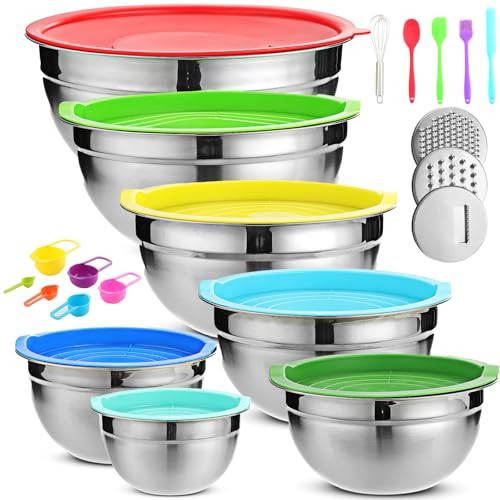 Mixing Bowls with Lids Set, 7PCS Mixing Bowls for Baking Cooking Prepping & Food Storage, Stainless Steel Mixing Bowls Multi-Color, Includes Measuring Cups Spoon brush whisk and Bowls for Kitchen | Amazon (US)