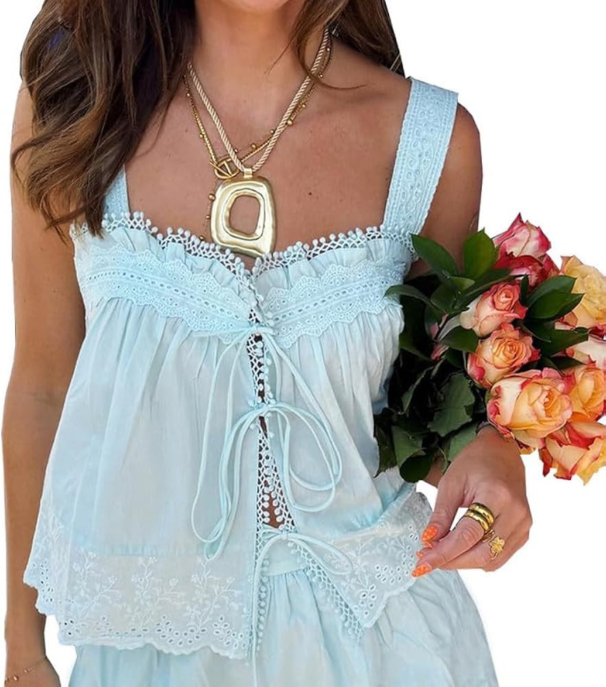 Women Lace Eyelet Tank Top Square Neck Ruffle Peplum Cami Top Lace Trim Embroidery Sleeveless Tan... | Amazon (US)